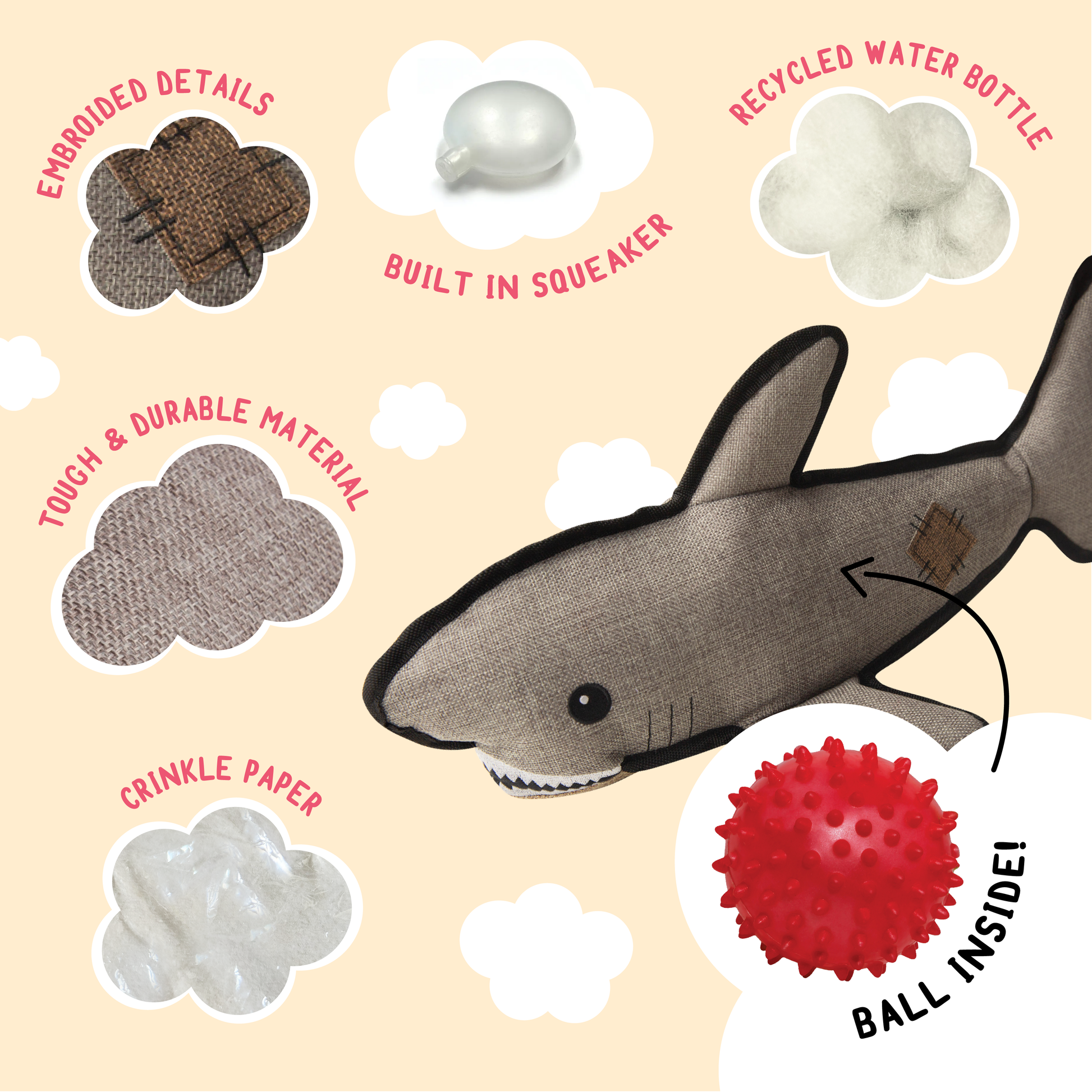 SnugArooz Saul the Shark w/ Rubber Spikey Ball Dog Toy 19"