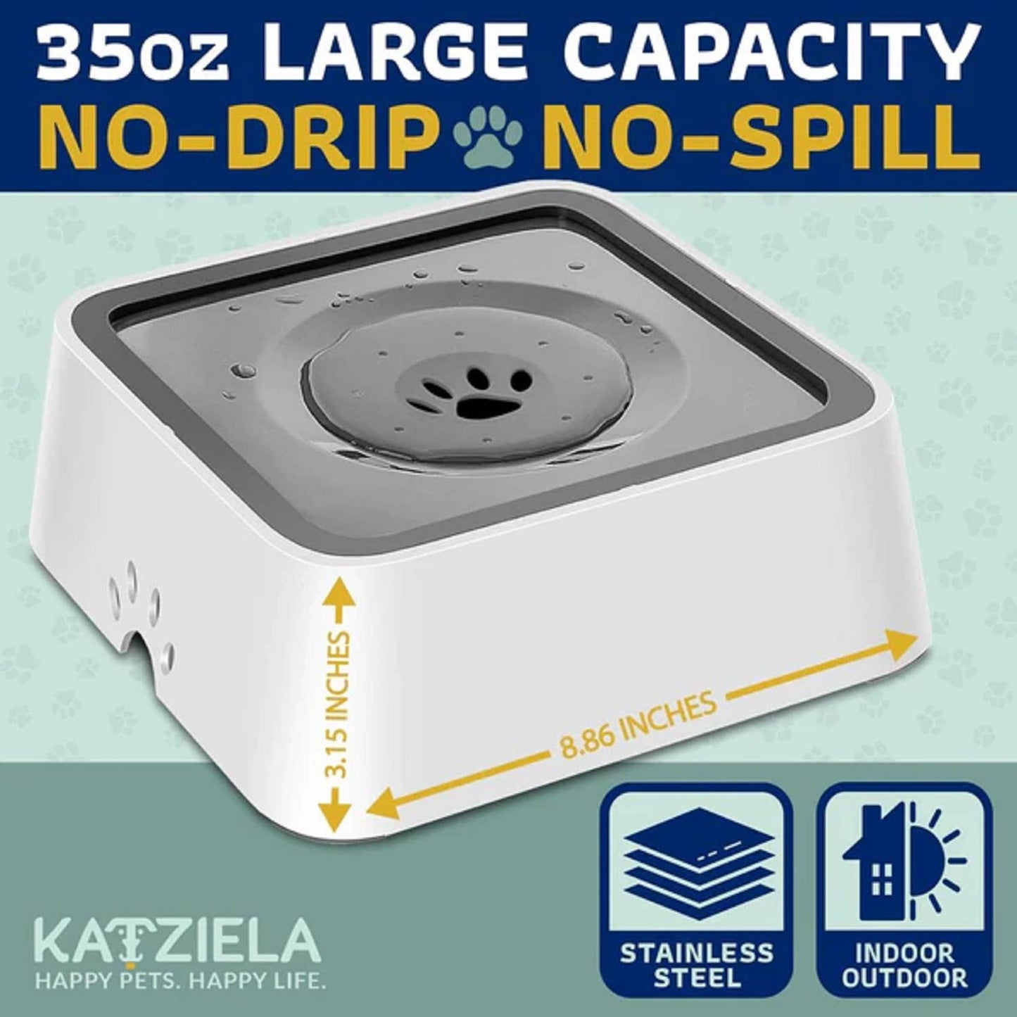Katziela No Spill Dog & Cat Water Bowl - 35oz Slow Feeder