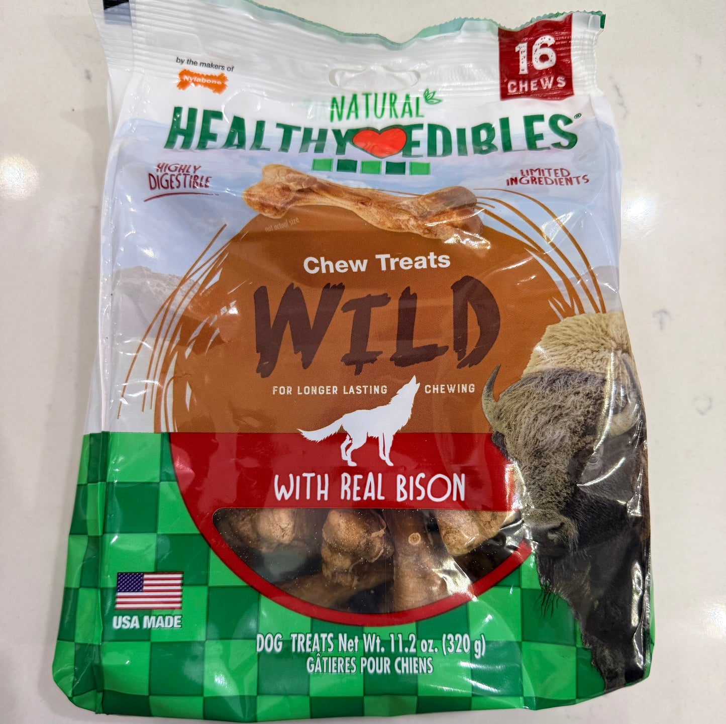 Nylabone Healthy Edibles Wild Natural Long Lasting Bison Dog Chew Treats, Small, 16 count with Real Bison