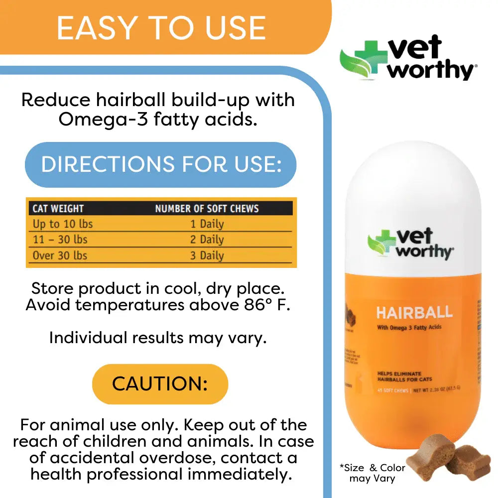 Vet Worthy Hairball Support w/ Pumpkin Soft Chews Feline 60c