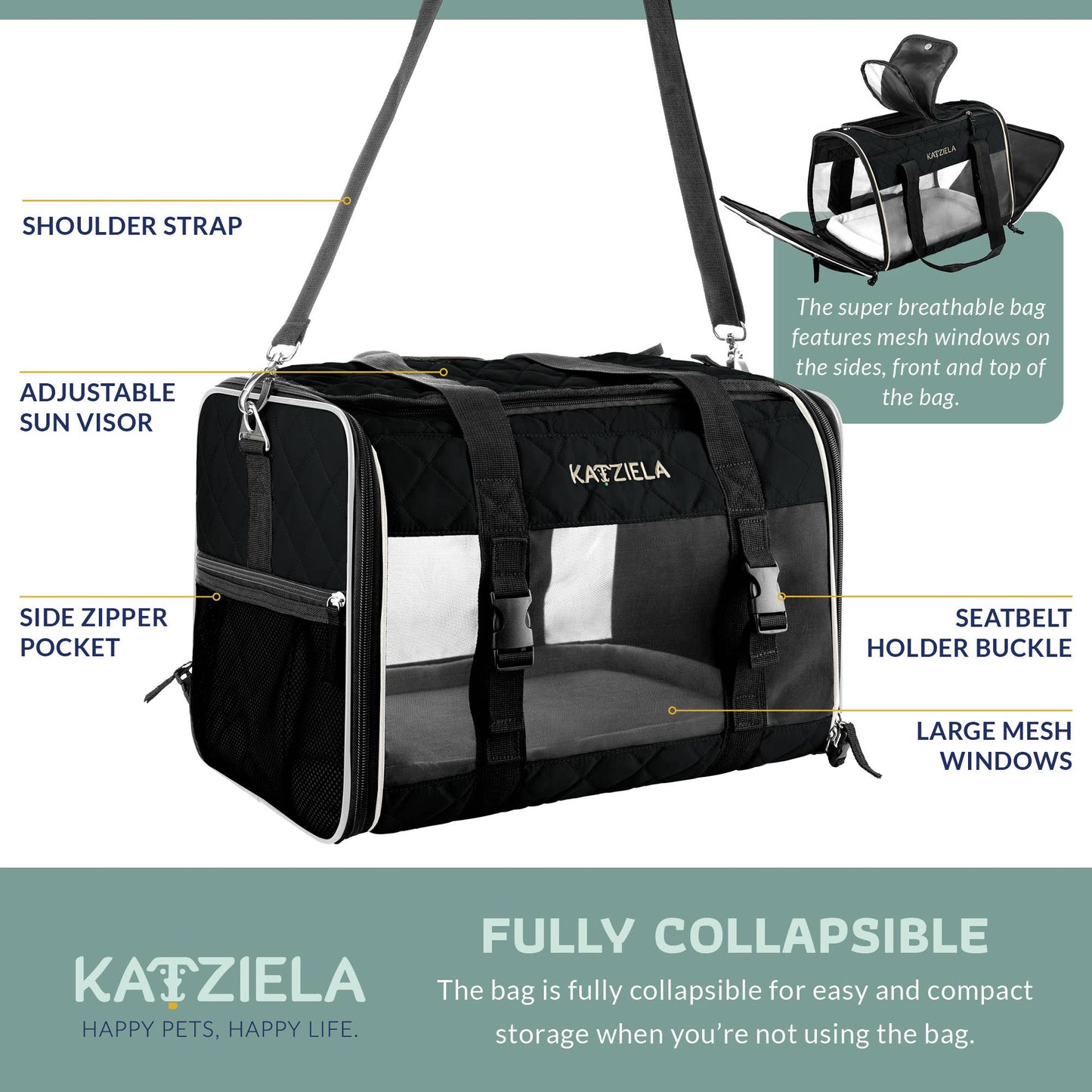 Airline Approved Quilited Companion Cat & Dog Carrier Black