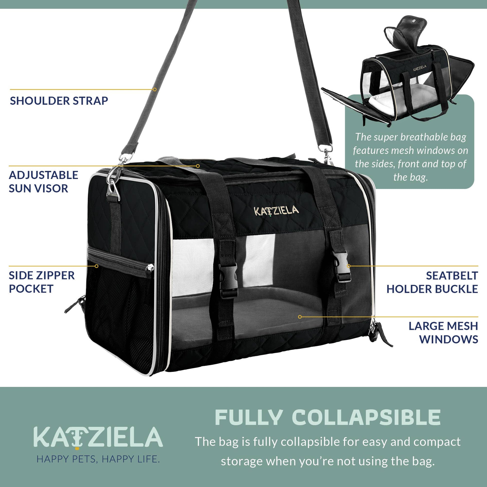 Airline Approved Quilited Companion Cat & Dog Carrier Black
