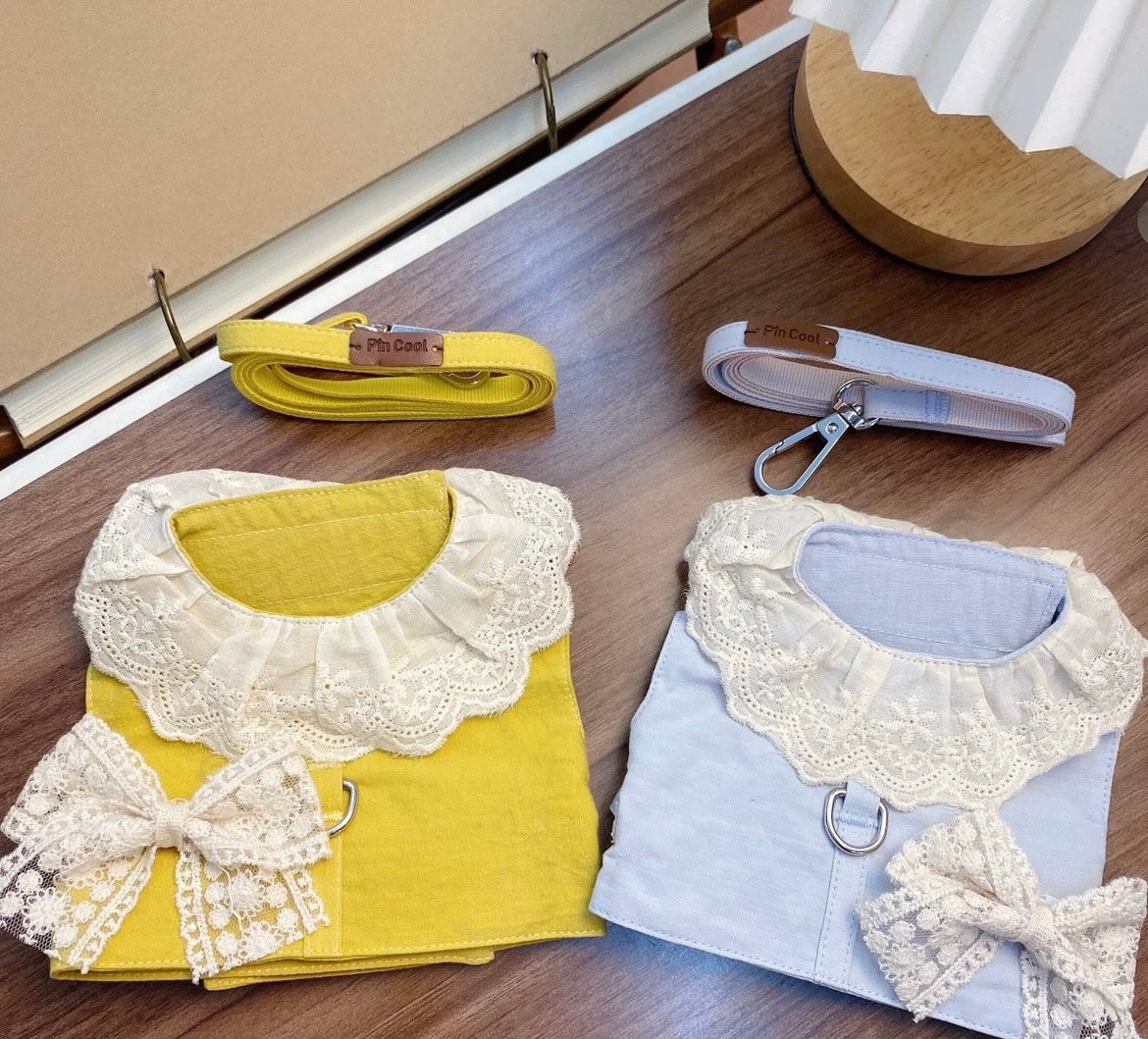 Lace Ribbon Harness +Leash Set, Mustard Yellow