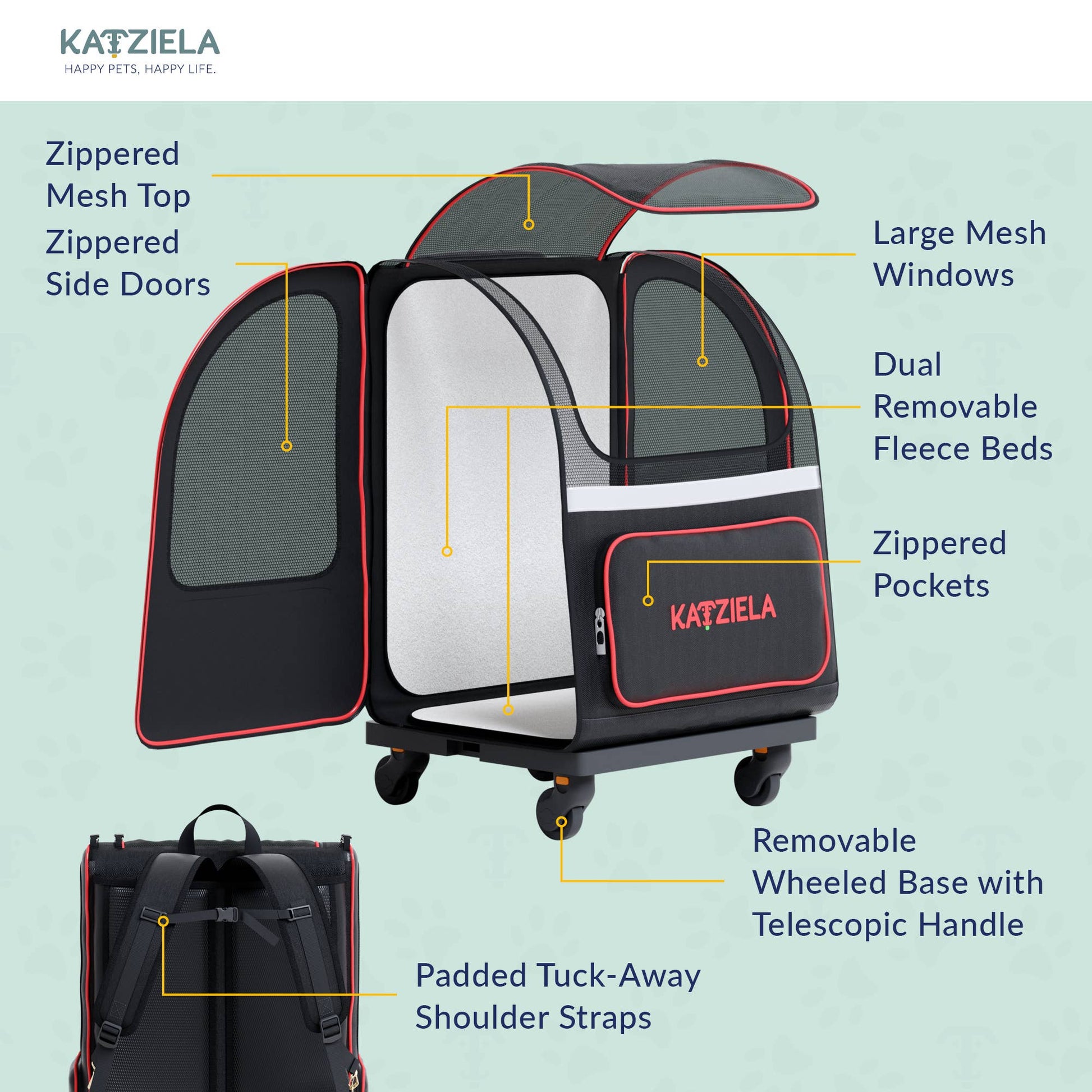 Hybrid Adventurer Pet Backpack With Wheels - Red
