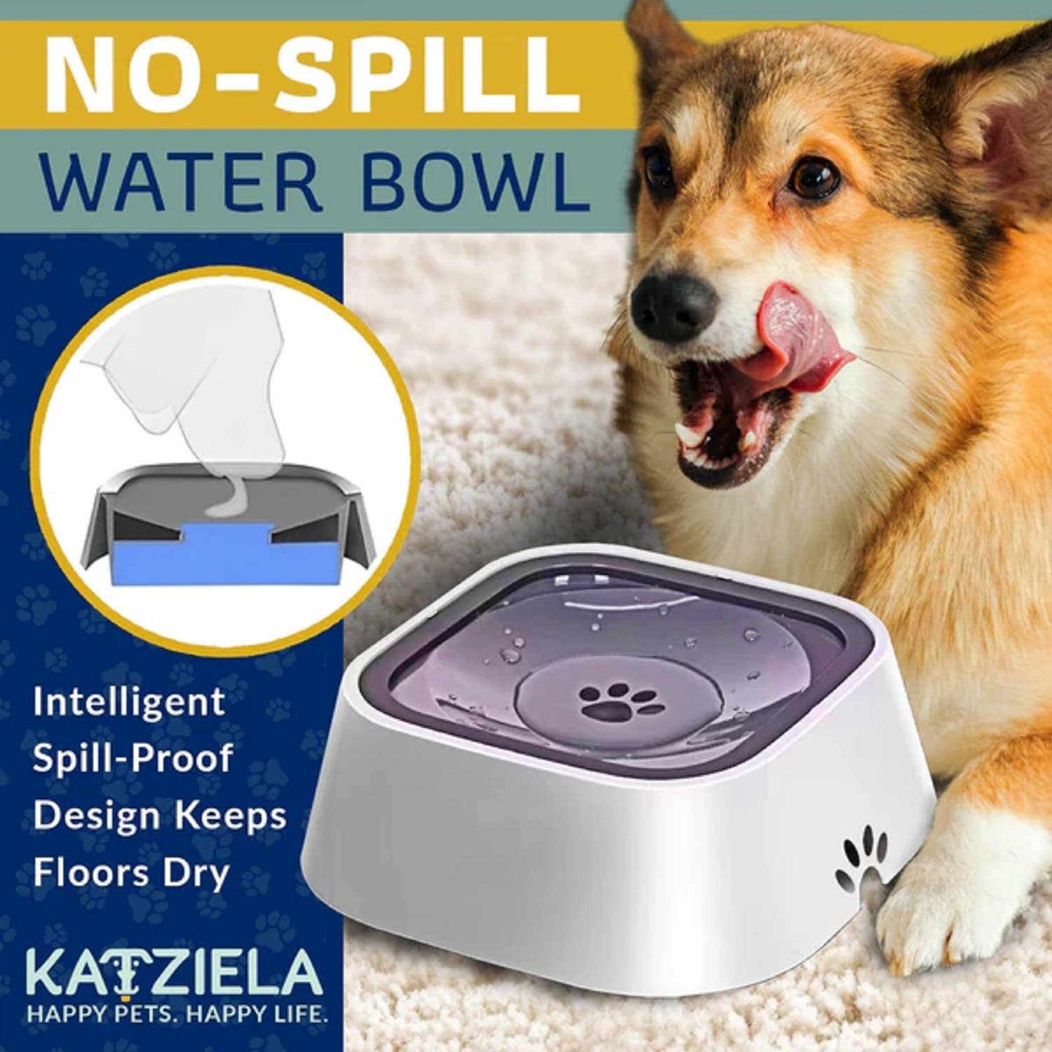 Katziela No Spill Dog & Cat Water Bowl - 35oz Slow Feeder