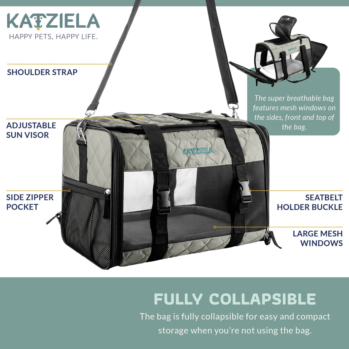Airline Approved Quilited Companion Cat & Dog Carrier Gray