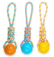 ThoozyPet Knotted Tug Rope Dog Toy with TPR Spike Ball Blue