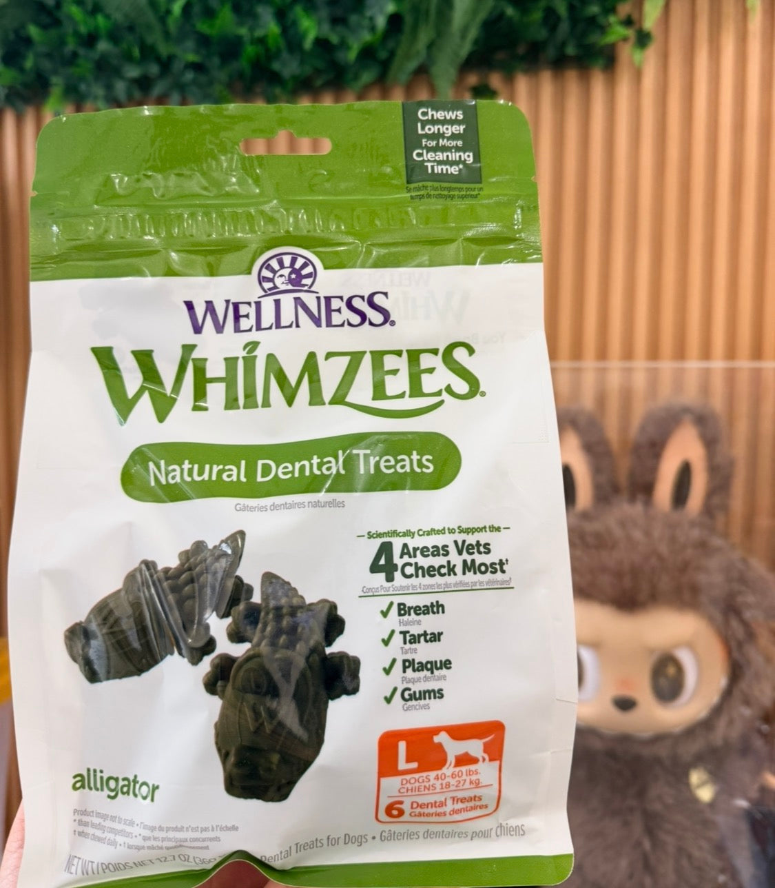 Whimzees by Wellness Alligator Dental Chews Natural Grain-Free Dental Dog Treats, Large, 6 count for dogs 40-60Lbs