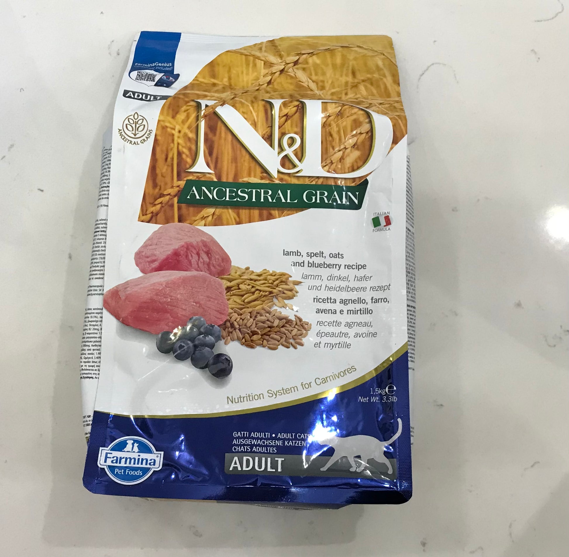 3.3 LB Farmina Natural And Delicious Lamb And Blueberry Low-Grain Formula Dry Cat Food