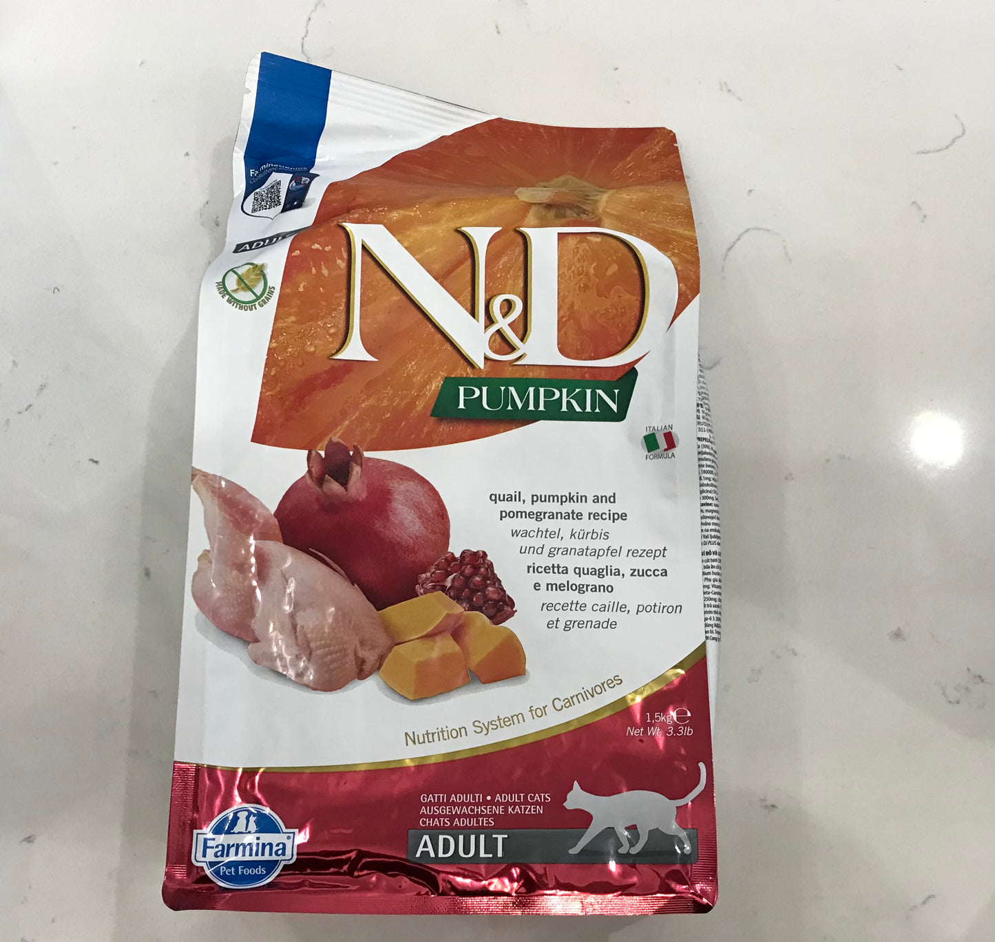 3.3 LB Farmina N&D Pumpkin Dry Cat Food - Quail & Pomegranate Adult