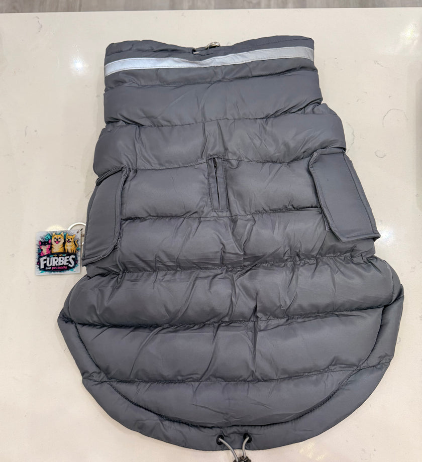 Dog Winter Gray Puffer Jacket Coat with Reflective and leash loop