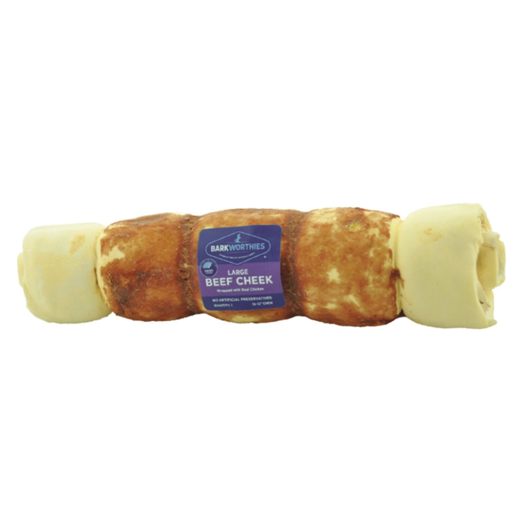 Barkworthies Dog Grain Free Chicken Dipped Beef Cheek, Large