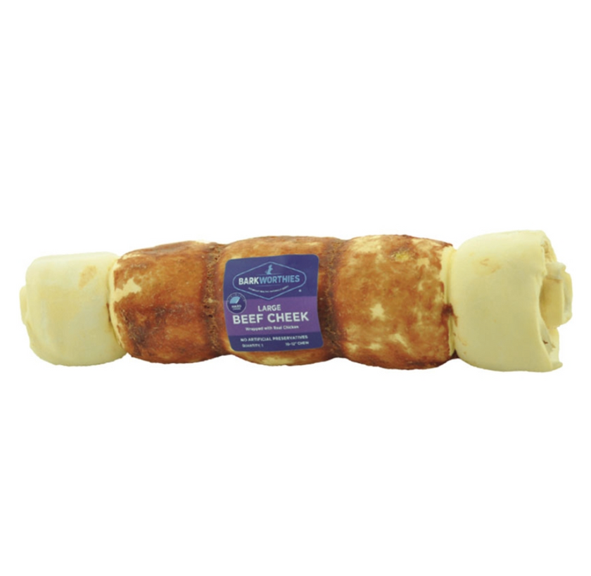 Barkworthies Dog Grain Free Chicken Dipped Beef Cheek, Large