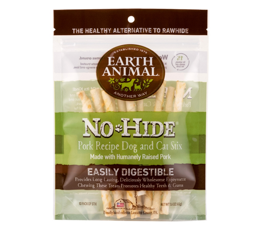 Earth Animal No-Hide Stix Long Lasting Natural Rawhide Alternative Pork Recipe Chew Dog & Cat Treat Sticks, 10 count