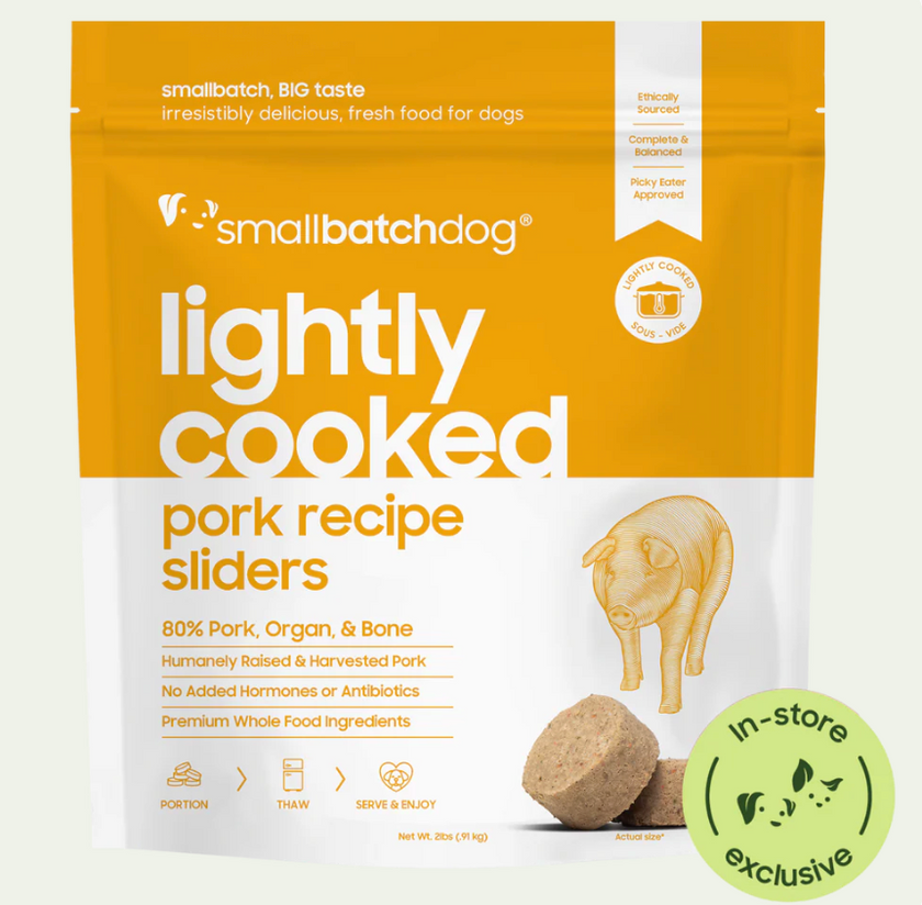 Frozen (local pickup only) Smallbatch Lightly Cooked Frozen Dog Food - Pork Sliders - 5lb Bag, Frozen