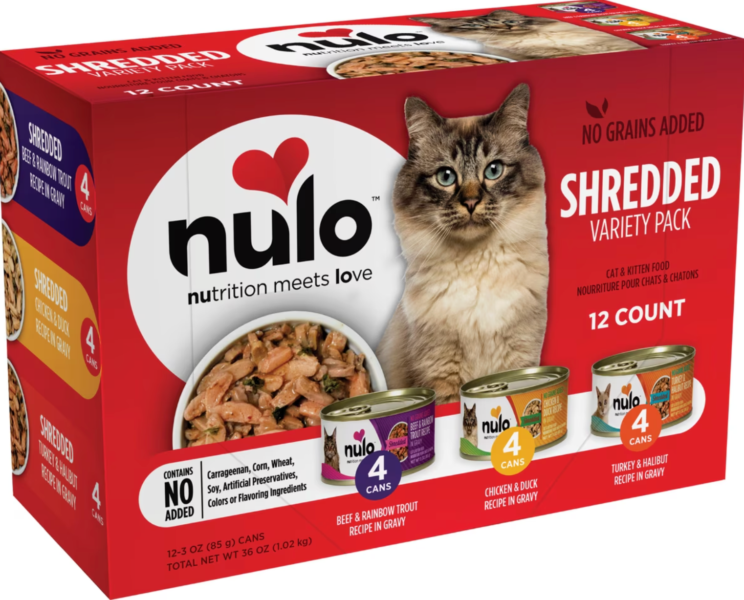 Nulo Freestyle Shredded Chicken & Duck, Shredded Beef & Rainbow Trout, Shredded Turkey & Halibut Grain-Free Variety Pack Canned Cat Food, 3-oz can