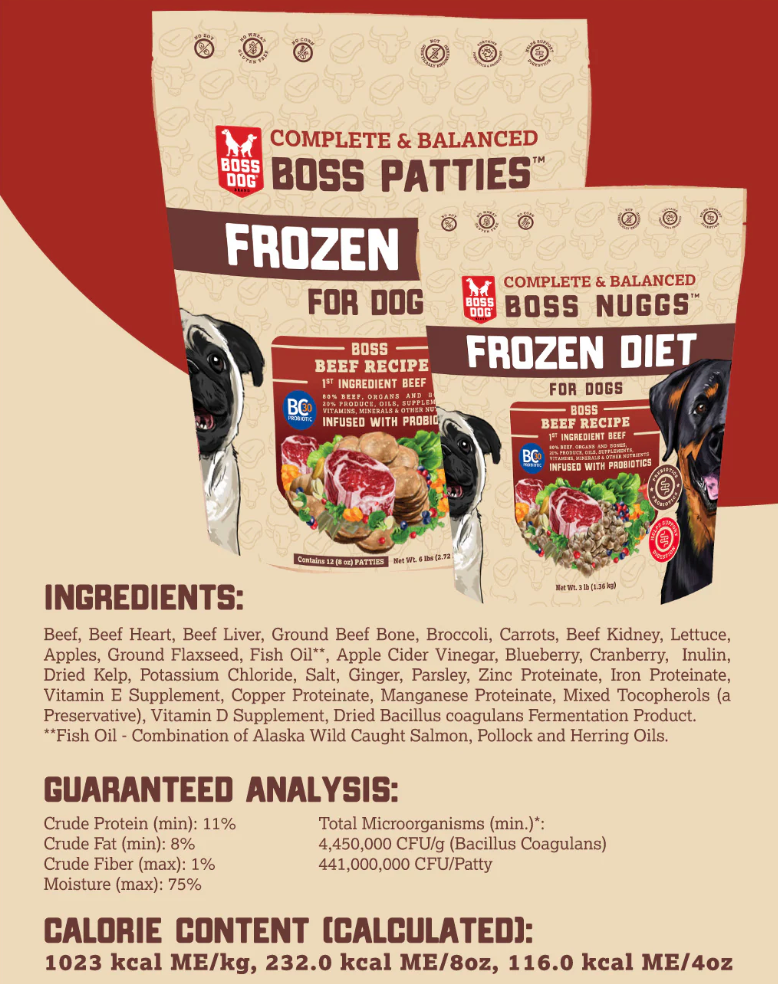 Boss Dog Raw Beef Boss Patties Complete Meal Frozen Dog Food Patties 6 lb (Frozen)