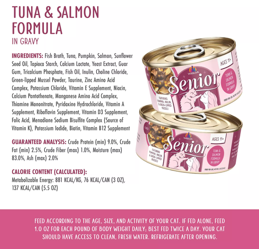Weruva Cat for Senior Cat, Wet Food, Gravy, Flaked, Tuna & Salmon, 3 OZ
