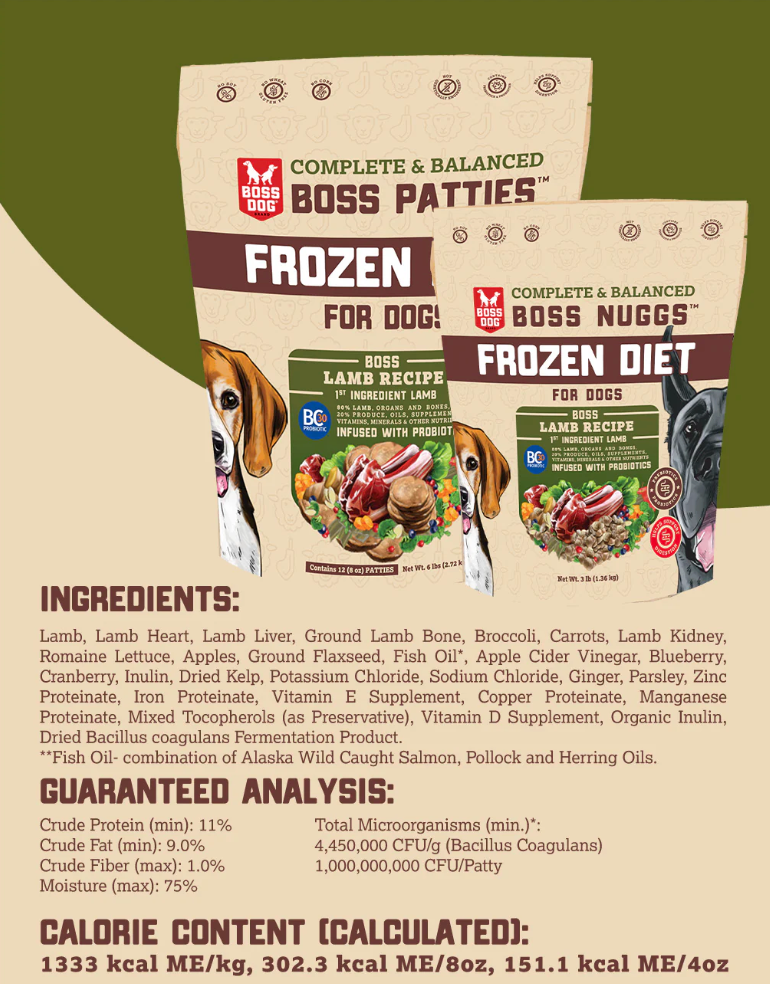 Boss Dog Raw Lamb Boss Patties Complete Meal Frozen Dog Food Patties 6 lb (Frozen)