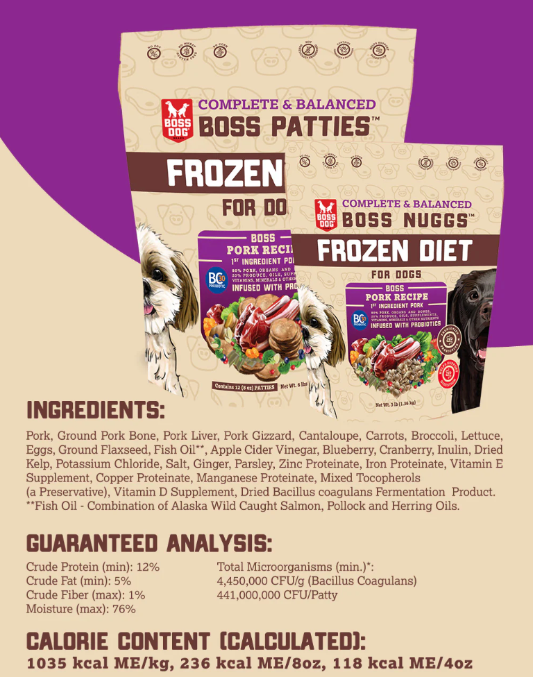 Boss Dog Raw Pork Boss Patties Complete Meal Frozen Dog Food Patties 6 lb (Frozen)