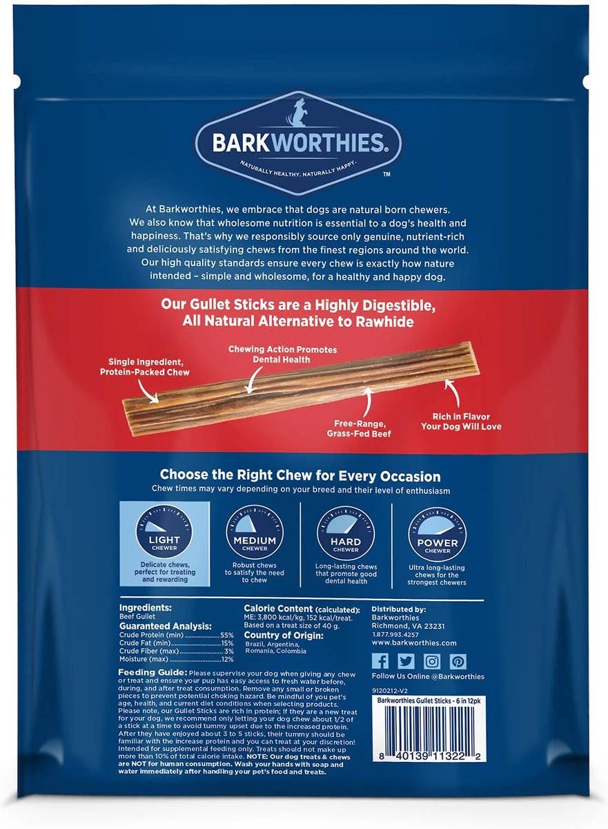 Barkworthies Beef Gullet - Sticks - 6'' (12pk SURP)