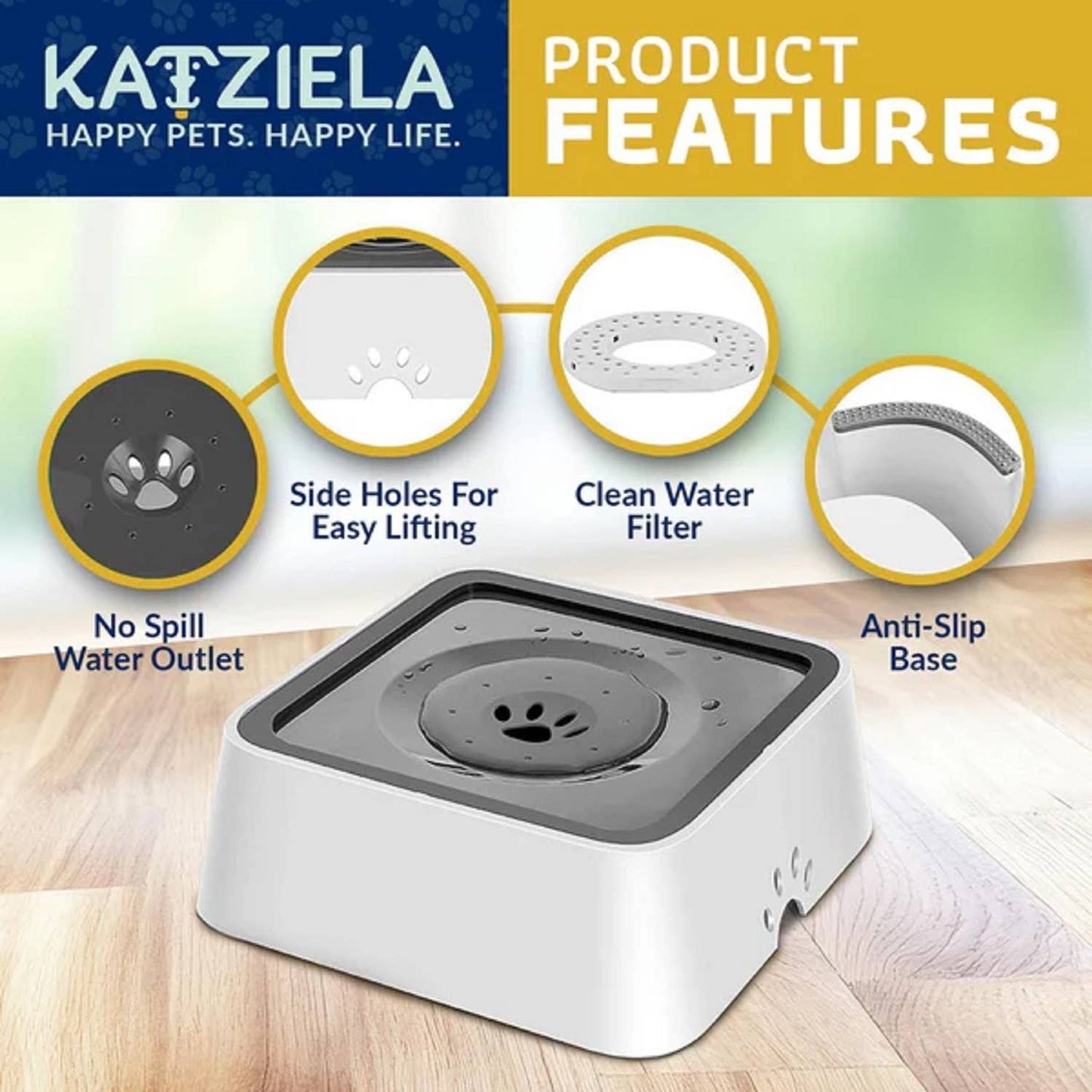 Katziela No Spill Dog & Cat Water Bowl - 35oz Slow Feeder